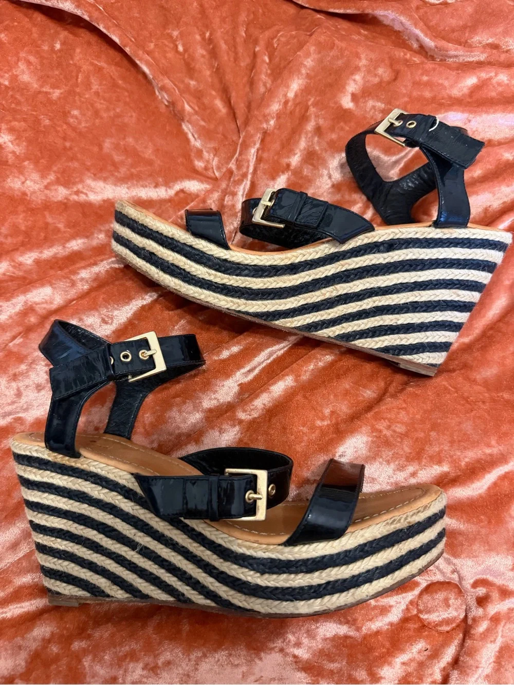 kate spade Lucie Black Patent Striped Espadrille Wedge Sandals - Size 11